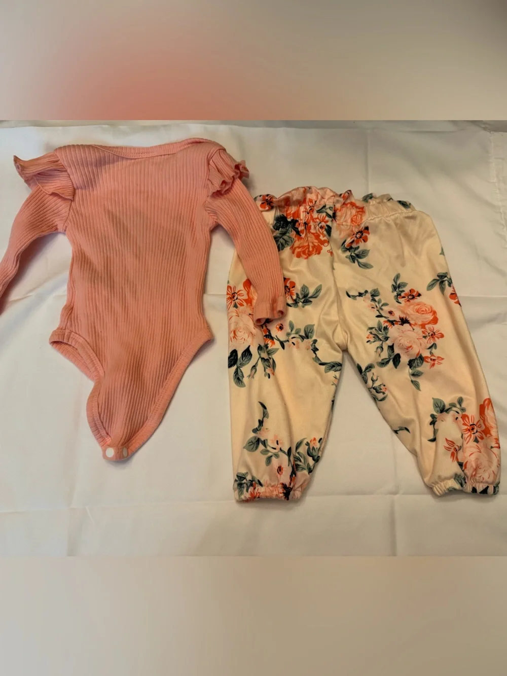 Pink Ribbed Baby Onesie and Floral Pants Set